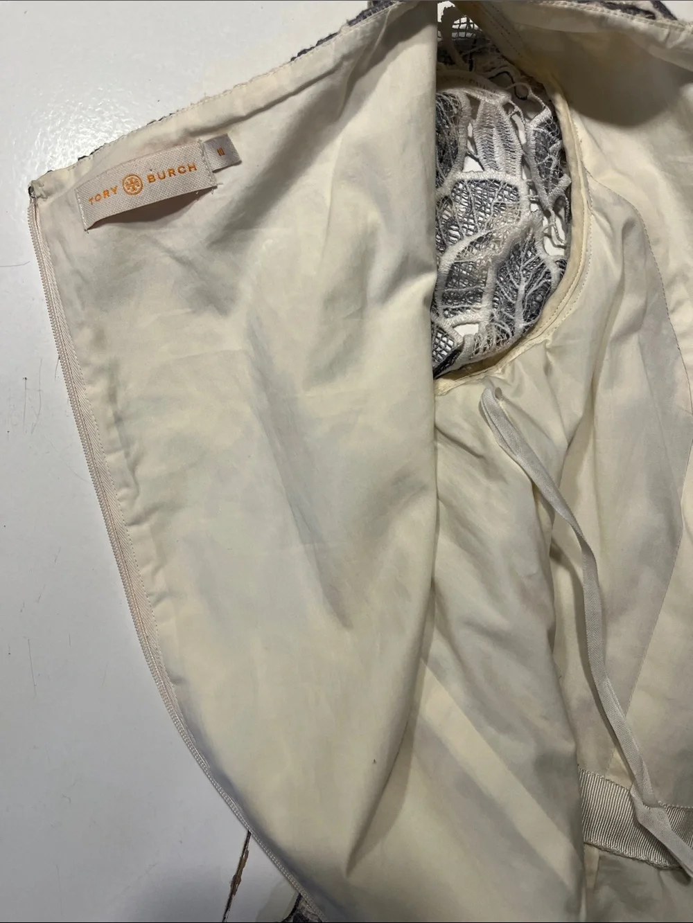 Tory Burch White Dress with Gray Floral Lace Overlay size 10